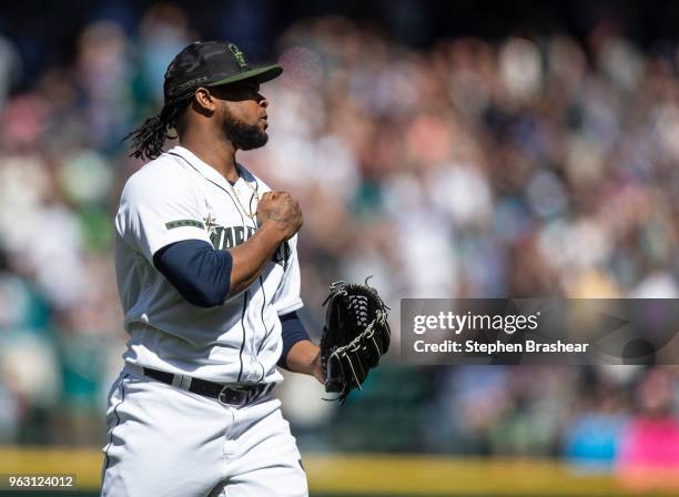 Relief pitcher Alex Colome of the Seattle Mariners reacts after the final out of a game against the Minnesota Twins at Safeco Field on May 27, 2018...