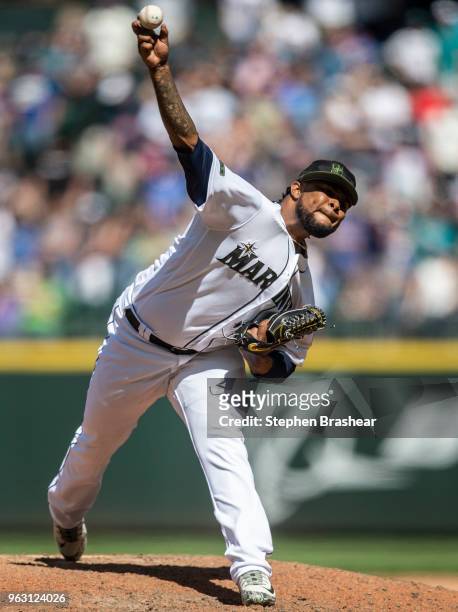 Reliever Alex Colome of the Seattle Mariners delivers a pitch during the ninth inning of a game against the Minnesota Twins at Safeco Field on May...