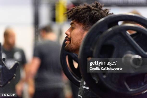 Ardie Savea works out during a New Zealand All Blacks gym session at the Apollo Projects Centre high performance training facility on May 28, 2018 in...