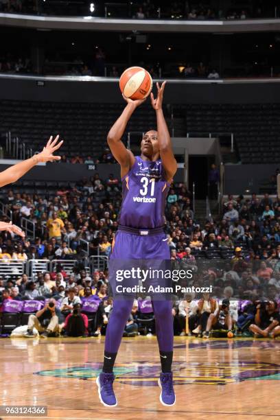 Sancho Lyttle of the Phoenix Mercury shoots the ball against the Los Angeles Sparks on May 27, 2018 at STAPLES Center in Los Angeles, California....
