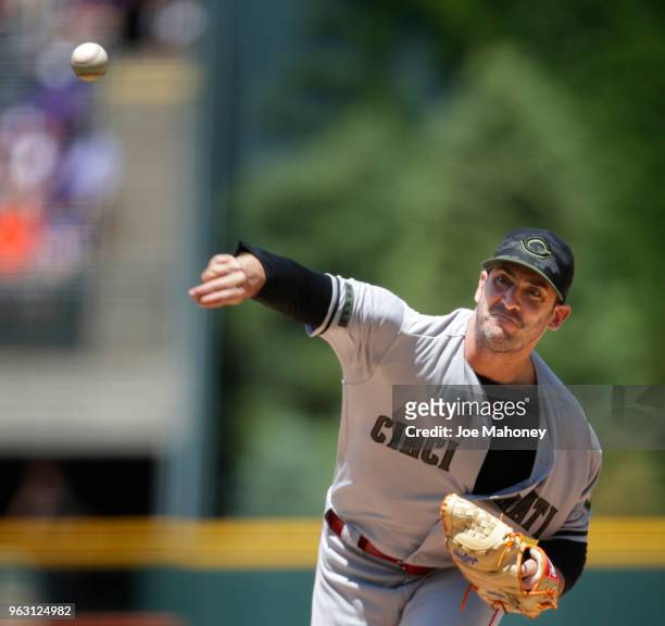 Matt Harvey of the Cincinnati Reds pitches against the Colorado Rockies in the first inning at Coors Field on May 27, 2018 in Denver, Colorado.