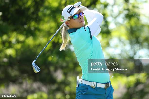 Jodi Ewart Shadoff of England watches her tee shot on the 16th hole during the final round of the LPGA Volvik Championship on May 27, 2018 at Travis...