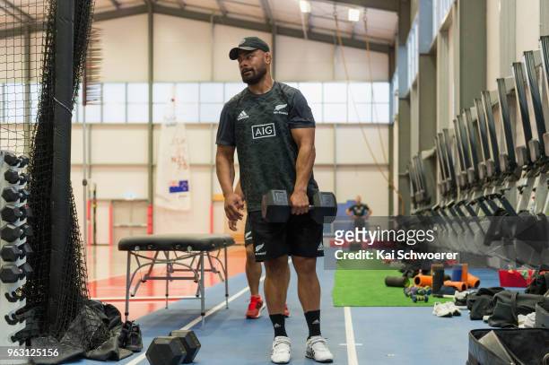 Jordan Taufua works out during a New Zealand All Blacks gym session at the Apollo Projects Centre high performance training facility on May 28, 2018...
