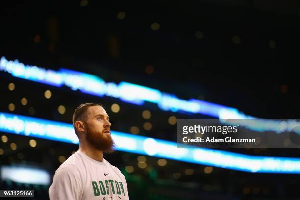 Aron Baynes of the Boston Celtics warms up before Game Seven of the 2018 NBA Eastern Conference Finals against the Cleveland Cavaliers at TD Garden...