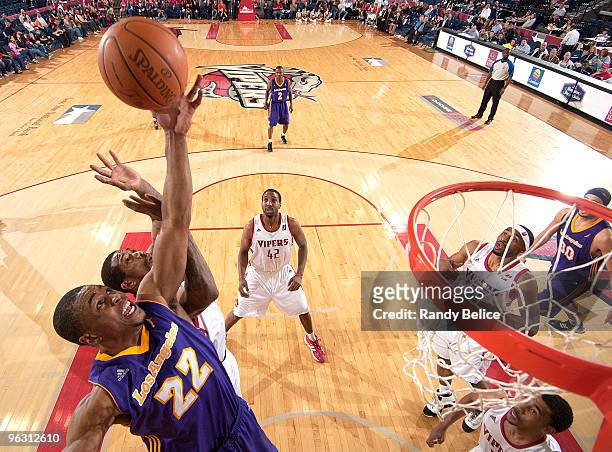 Dar Tucker of the Los Angeles D-Fenders battles for a rebound with Julian Sensley of the Rio Grande Valley Vipers during the NBA D-League game on...