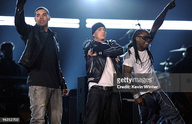 Rappers Drake, Eminem, and Lil Wayne perform onstage during the 52nd Annual GRAMMY Awards held at Staples Center on January 31, 2010 in Los Angeles,...