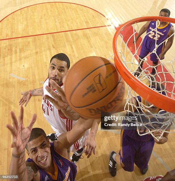 Diamon Simpson of the Los Angeles D-Fenders puts up a shot past Julian Sensley of the Rio Grande Valley Vipers during the NBA D-League game on...