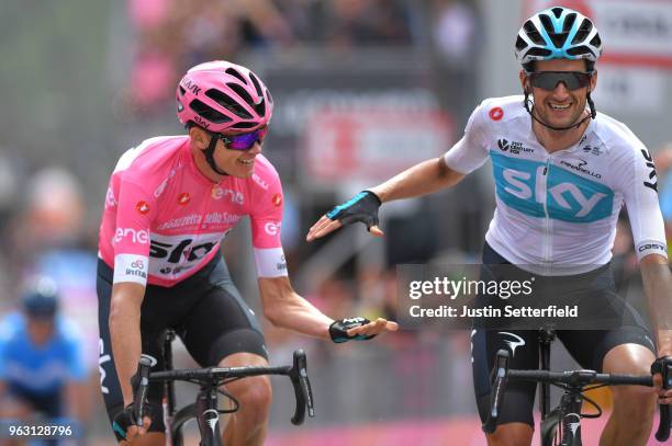 Arrival / Christopher Froome of Great Britain and Team Sky Pink Leader Jersey / Wout Poels of The Netherlands and Team Sky / Celebration / during the...