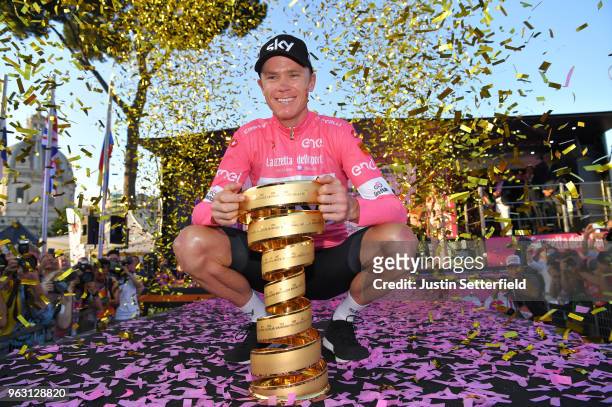 Podium / Christopher Froome of Great Britain Pink Leader Jersey / Celebration / Trophy / Trofeo Senza Fine / during the 101st Tour of Italy 2018,...