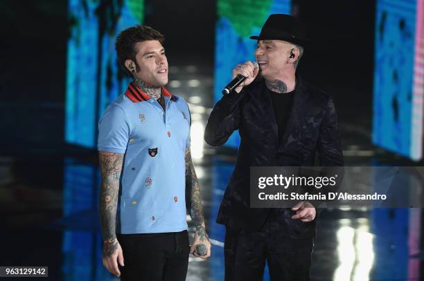 Fedez and J-Ax attend 'Che Tempo Che Fa' tv show on May 27, 2018 in Milan, Italy.