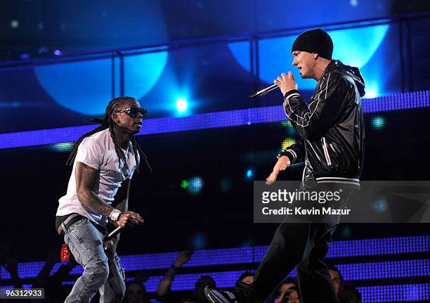 Eminem and Lil Wayne performs onstage at the 52nd Annual GRAMMY Awards held at Staples Center on January 31, 2010 in Los Angeles, California.
