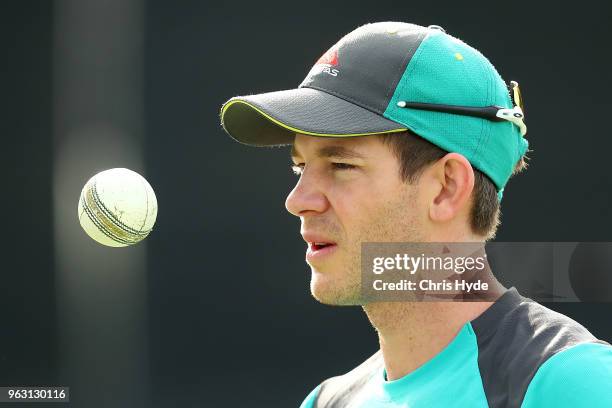 Tim Paine looks on during an Australian ODI training session at Allan Border Field on May 28, 2018 in Brisbane, Australia.