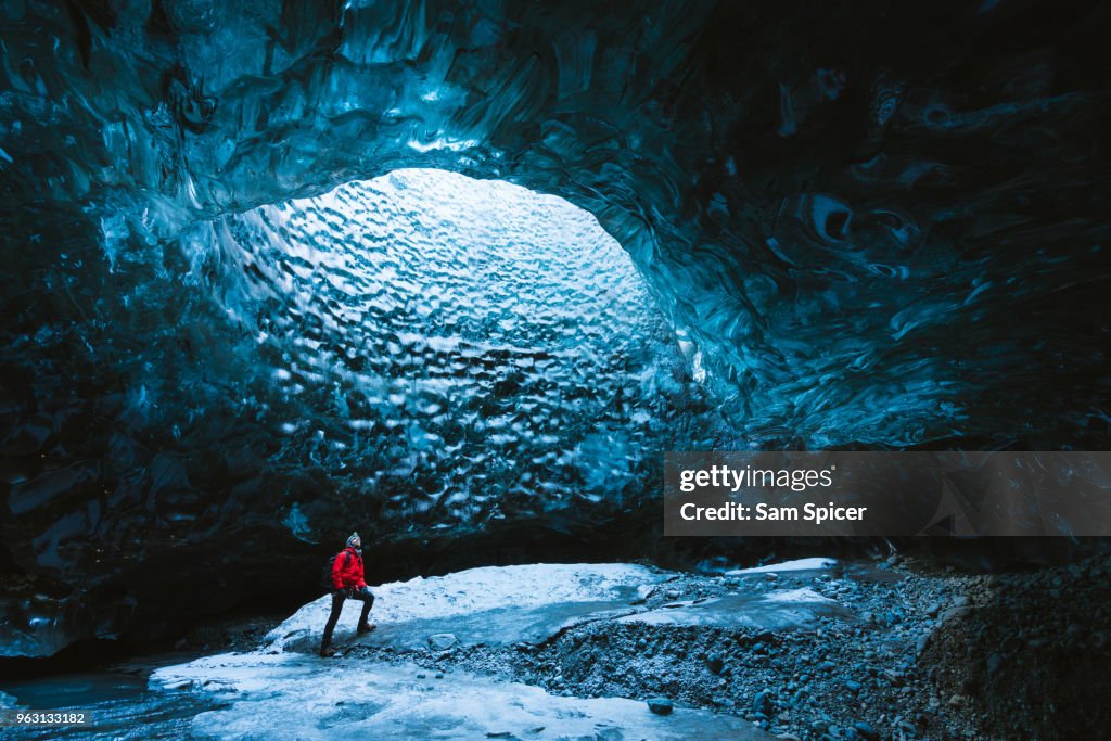 Tourist in an Ice Cave, Iceland