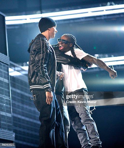 Eminem and Lil Wayne performs onstage at the 52nd Annual GRAMMY Awards held at Staples Center on January 31, 2010 in Los Angeles, California.