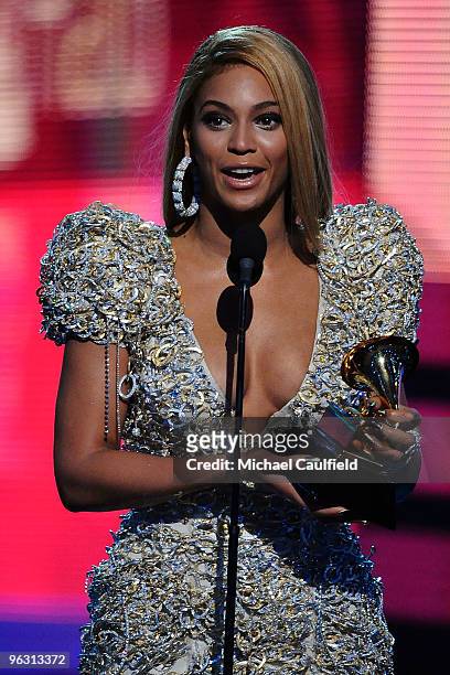 Musician Beyonce receives an award onstage at the 52nd Annual GRAMMY Awards held at Staples Center on January 31, 2010 in Los Angeles, California.