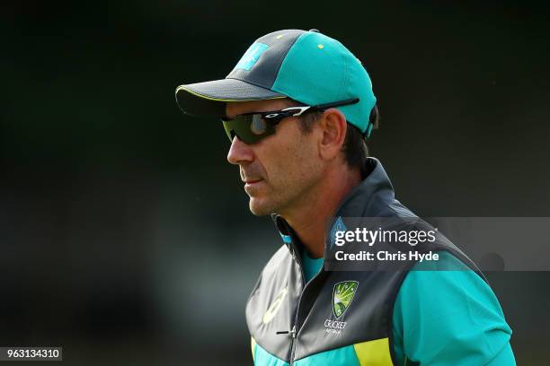 Coach Justin Langer looks on during an Australian ODI training session at Allan Border Field on May 28, 2018 in Brisbane, Australia.