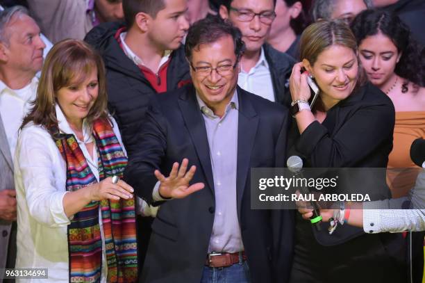 Colombian presidential candidate Gustavo Petro for the Colombia Humana Party, flanked by his running mate Angela Robledo and his wife Veronica...