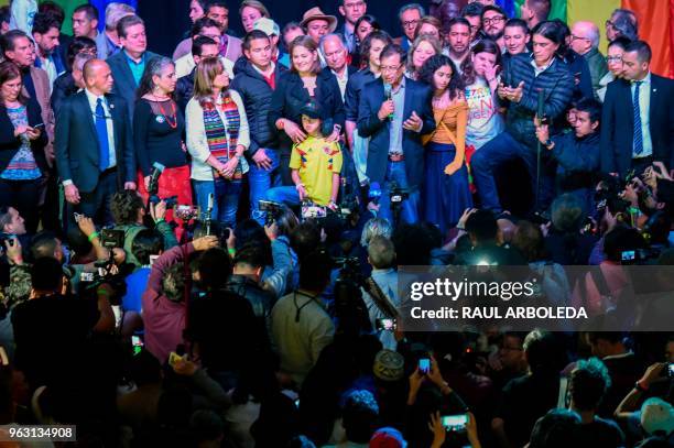 Colombian presidential candidate Gustavo Petro for the Colombia Humana Party addresses supporters in Bogota, flanked by his running mate Angela...