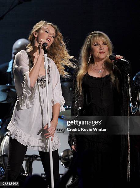 Musicians Taylor Swift and Stevie Nicks perform onstage during the 52nd Annual GRAMMY Awards held at Staples Center on January 31, 2010 in Los...