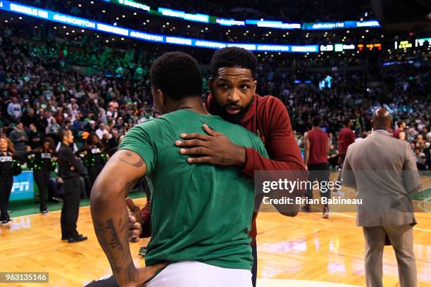 Tristan Thompson of the Cleveland Cavaliers hugs Marcus Smart of the Boston Celtics before Game Seven of the Eastern Conference Finals of the 2018...