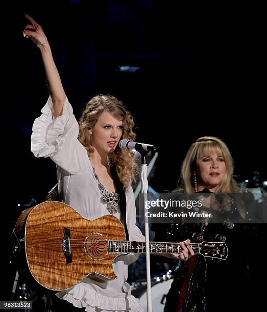 Musicians Taylor Swift and Stevie Nicks perform onstage during the 52nd Annual GRAMMY Awards held at Staples Center on January 31, 2010 in Los...