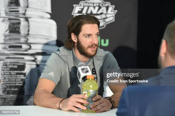 Vegas Golden Knights Defenceman Colin Miller addresses the media during the NHL Stanley Cup Final Media Day on May 27, 2018 at T-Mobile Arena in Las...