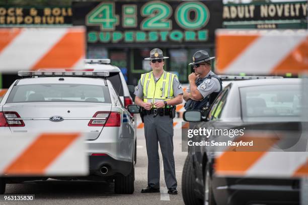 South Carolina state troopers watch over the crowd during Black Bike Week on May 27, 2018 in Atlantic Beach, South Carolina. Also known as Atlantic...