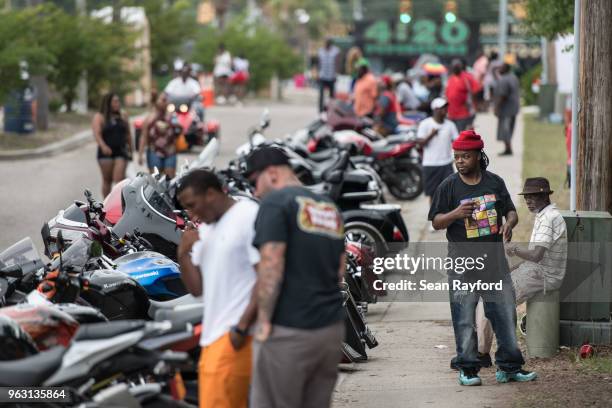 Motorcycles line Atlantic St. During Black Bike Week on May 27, 2018 in Atlantic Beach, South Carolina. Also known as Atlantic Beach Bikefest and...