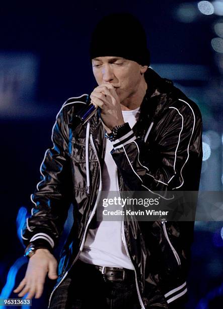 Rapper Eminem performs onstage during the 52nd Annual GRAMMY Awards held at Staples Center on January 31, 2010 in Los Angeles, California.