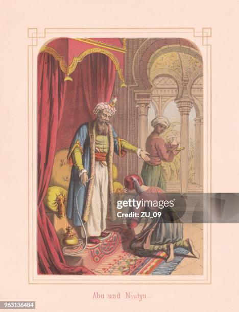 abu and niutyn, fairy tale from arabian nights, lithograph, 1867 - emirates palace stock illustrations