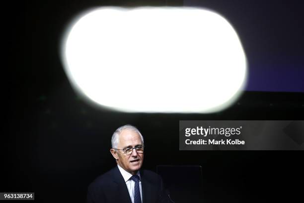 Prime Minister of Australia Malcolm Turnbull speaks on stage during the Aerotropolis Investor Forum on May 28, 2018 in Sydney, Australia. The forum...