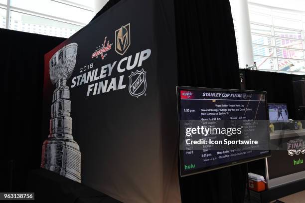 The Stanley Cup depicted on a banner during the NHL Stanley Cup Final Media Day on May 27, 2018 at T-Mobile Arena in Las Vegas, NV.