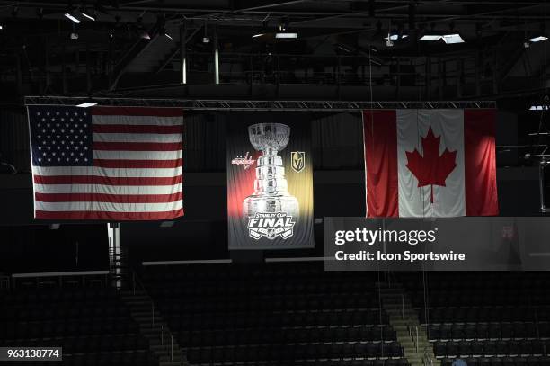 General view of the American Flag, Stanley Cup Final banner, and the Canadian Flag during the NHL Stanley Cup Final Media Day on May 27, 2018 at...