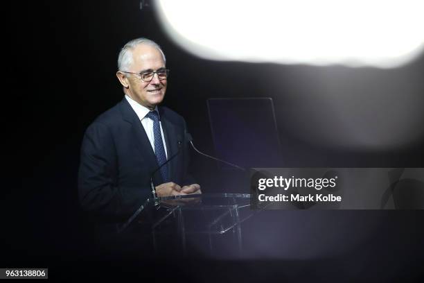 Prime Minister of Australia Malcolm Turnbull speaks on stage during the Aerotropolis Investor Forum on May 28, 2018 in Sydney, Australia. The forum...