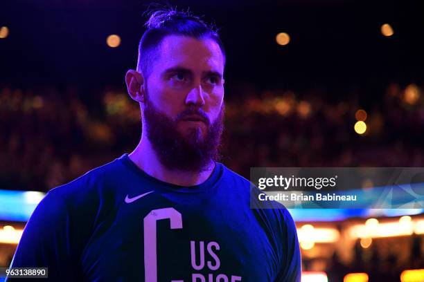 Aron Baynes of the Boston Celtics stands for the national anthem before Game Seven of the Eastern Conference Finals of the 2018 NBA Playoffs between...