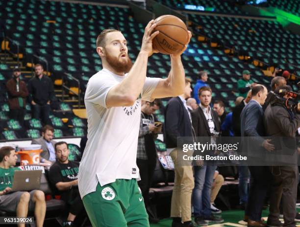 Boston Celtics Aron Baynes works on his jump shot before the game. The Boston Celtics hosted the Cleveland Cavaliers for Game Seven of their NBA...