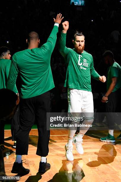 Aron Baynes of the Boston Celtics is introduced before Game Seven of the Eastern Conference Finals of the 2018 NBA Playoffs between the Cleveland...