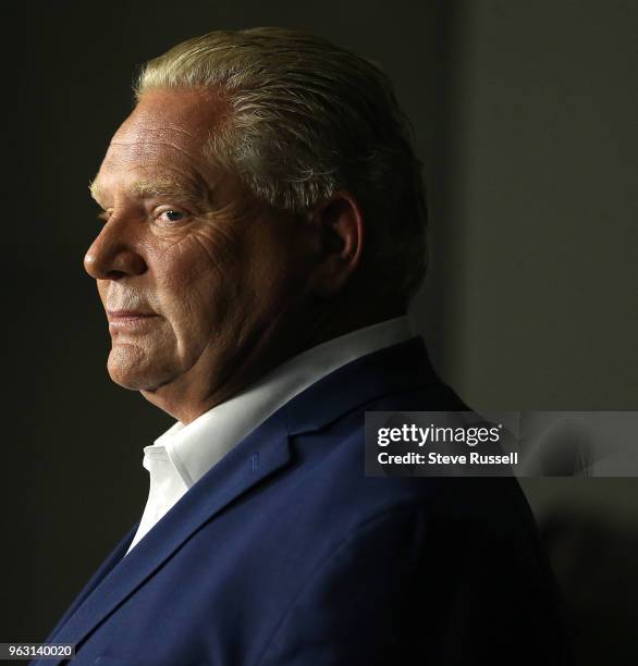 Leader Doug Ford takes questions in a post-debate scrum. Leaders of the provincial political parties scrum with media after the final leadership...