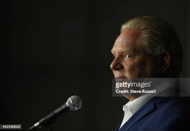 Leader Doug Ford takes questions in a post-debate scrum. Leaders of the provincial political parties scrum with media after the final leadership...