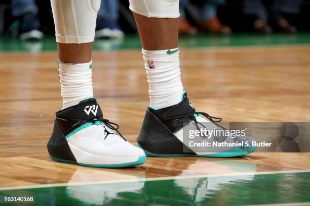 The sneakers of Marcus Morris of the Boston Celtics are seen during the game against the Cleveland Cavaliers during Game Seven of the Eastern...