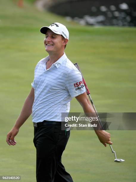 Emiliano Grillo reacts to his putt on the 18th hole during the final round of the Fort Worth Invitational at Colonial Country Club on May 27, 2018 in...