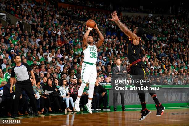 Marcus Smart of the Boston Celtics shoots the ball against the Cleveland Cavaliers during Game Seven of the Eastern Conference Finals of the 2018 NBA...