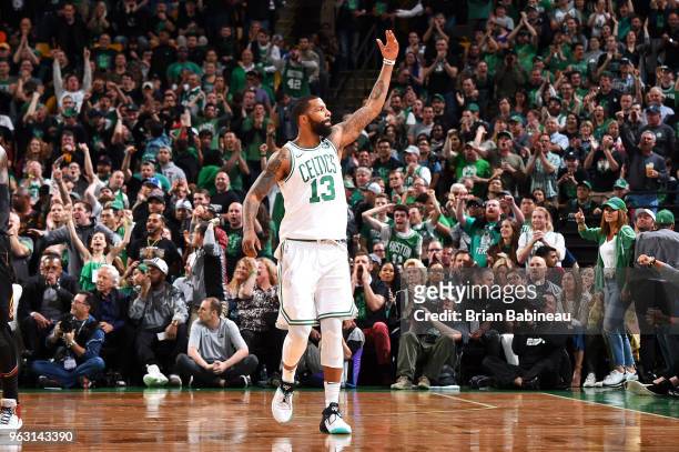 Marcus Morris of the Boston Celtics reacts during Game Seven of the Eastern Conference Finals of the 2018 NBA Playoffs between the Cleveland...