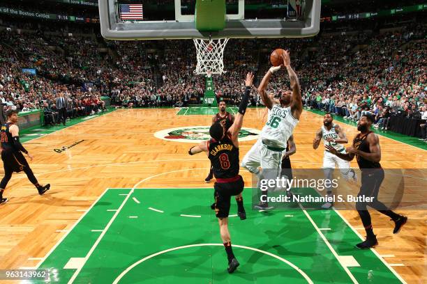 Marcus Smart of the Boston Celtics goes to the basket against the Cleveland Cavaliers during Game Seven of the Eastern Conference Finals of the 2018...