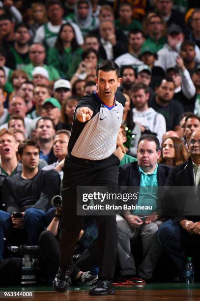 Referee official Zach Zarba makes a call during Game Seven of the Eastern Conference Finals of the 2018 NBA Playoffs between the Cleveland Cavaliers...