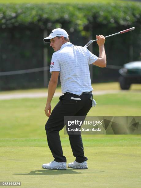 Emiliano Grillo reacts to his putt on the 15th hole during the final round of the Fort Worth Invitational at Colonial Country Club on May 27, 2018 in...