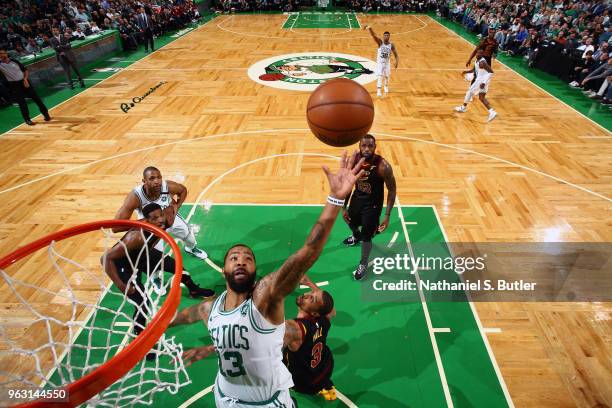 Marcus Morris of the Boston Celtics goes up for a rebound against the Cleveland Cavaliers during Game Seven of the Eastern Conference Finals of the...