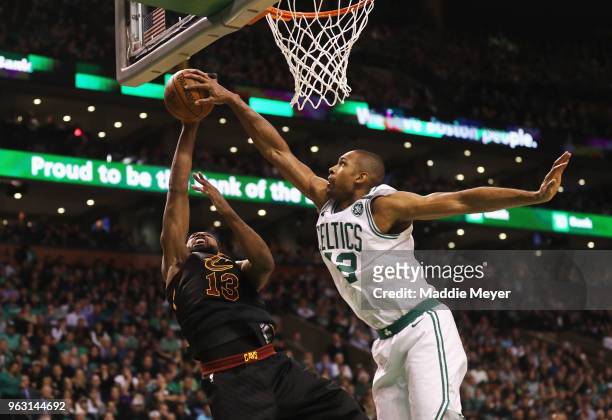 Al Horford of the Boston Celtics blocks a shot by Tristan Thompson of the Cleveland Cavaliers in the first half during Game Seven of the 2018 NBA...