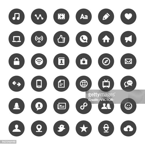 communication icons set - big circle series - podcasting vector stock illustrations