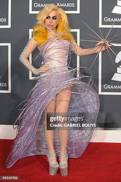 Lady Gaga arrives on the red carpet at the 52nd Grammy Awards in Los Angeles on January 31, 2010. AFP PHOTO/Gabriel BOUYS